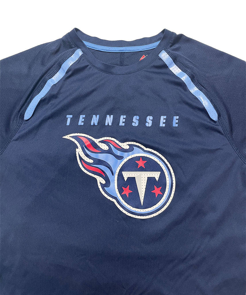Navy blue sports jersey with Tennessee Titans logo on a white background
