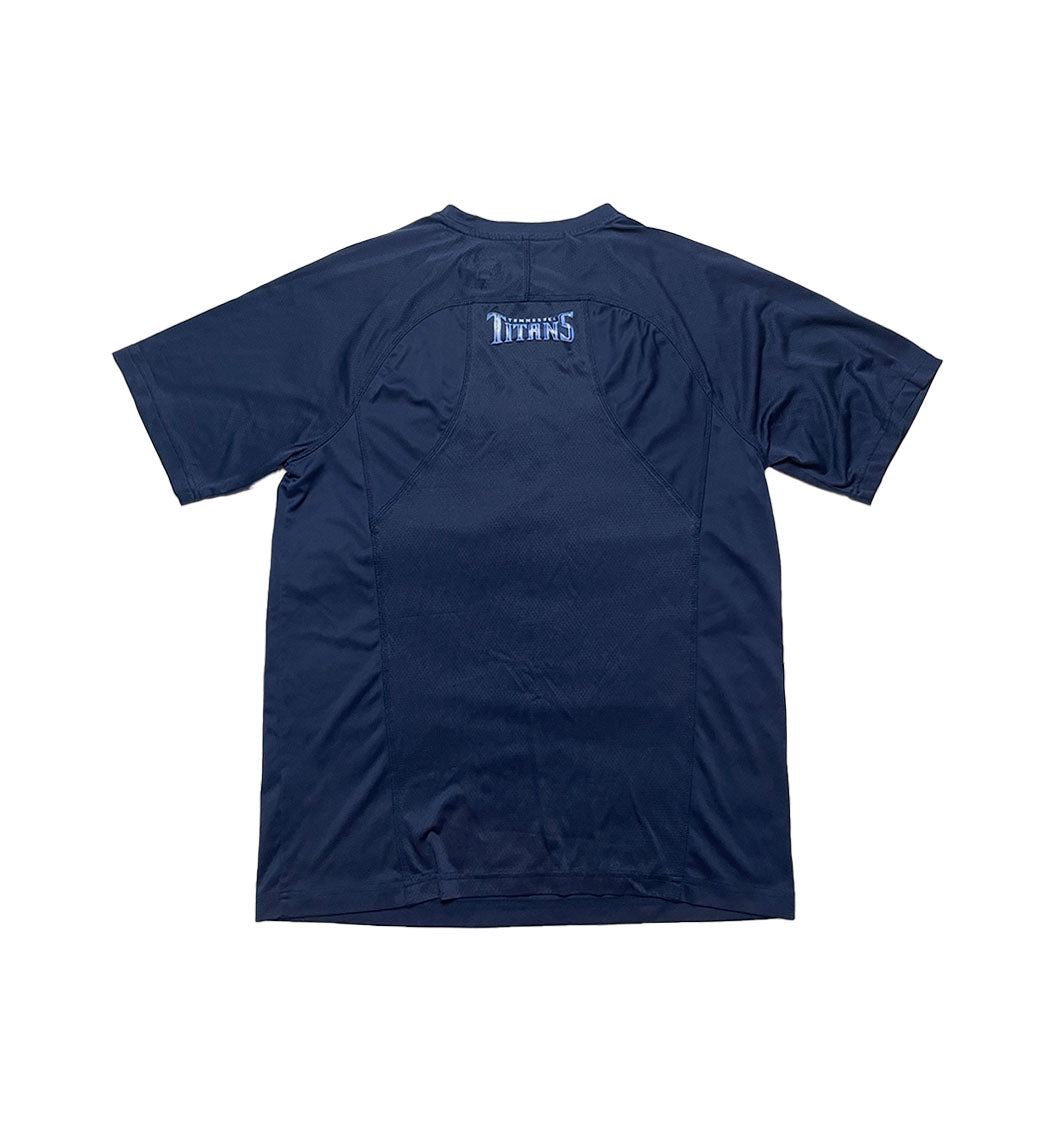 Navy blue t-shirt with 'Titans' logo on the back against a white background