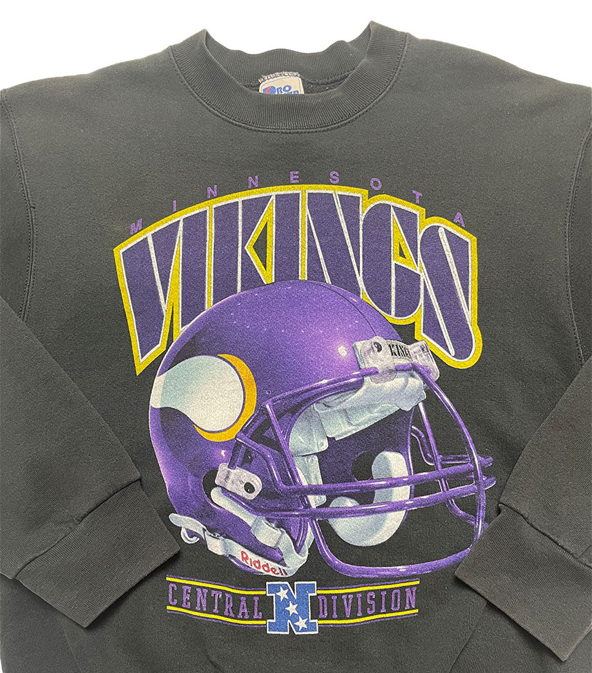 Gray sweatshirt with Minnesota Vikings graphic featuring a purple helmet.