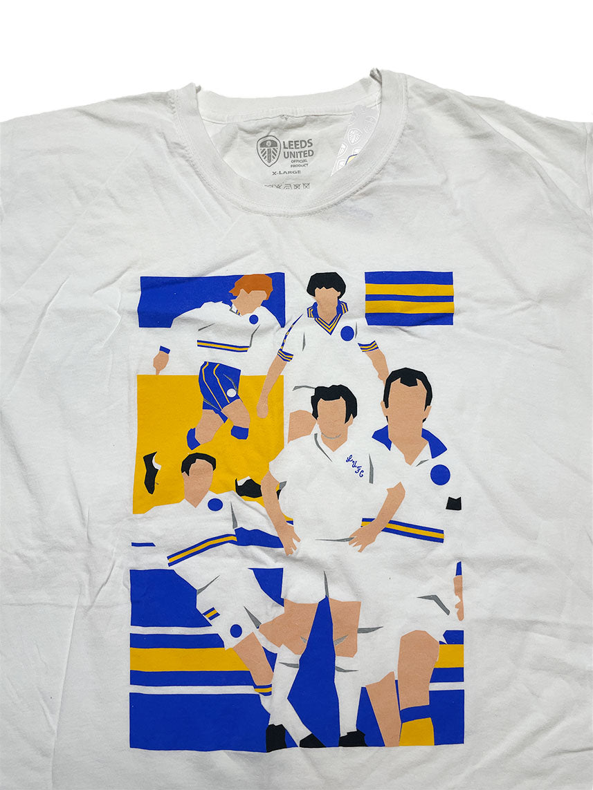 White t-shirt with a graphic of soccer players and team logos on a white background