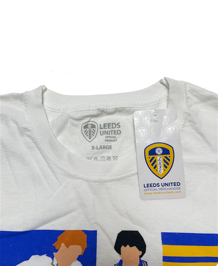 White Leeds United shirt with a tag on a white background