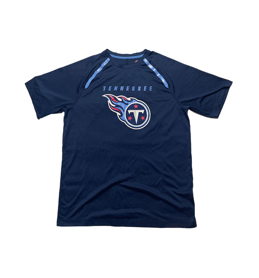 Navy blue t-shirt with Tennessee Titans logo on a white background