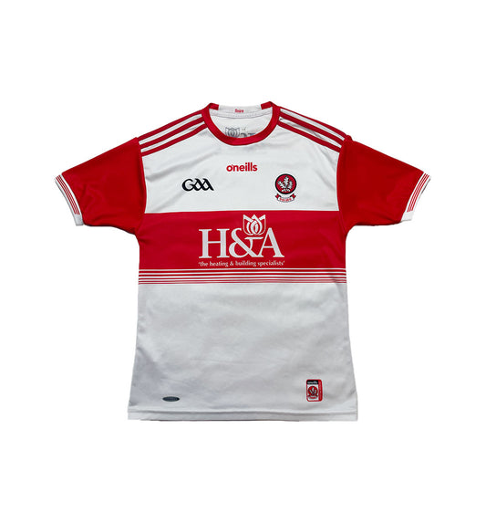 Red and white sports jersey with branding on a white background