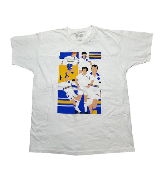 White t-shirt with graphic of soccer players on a white background
