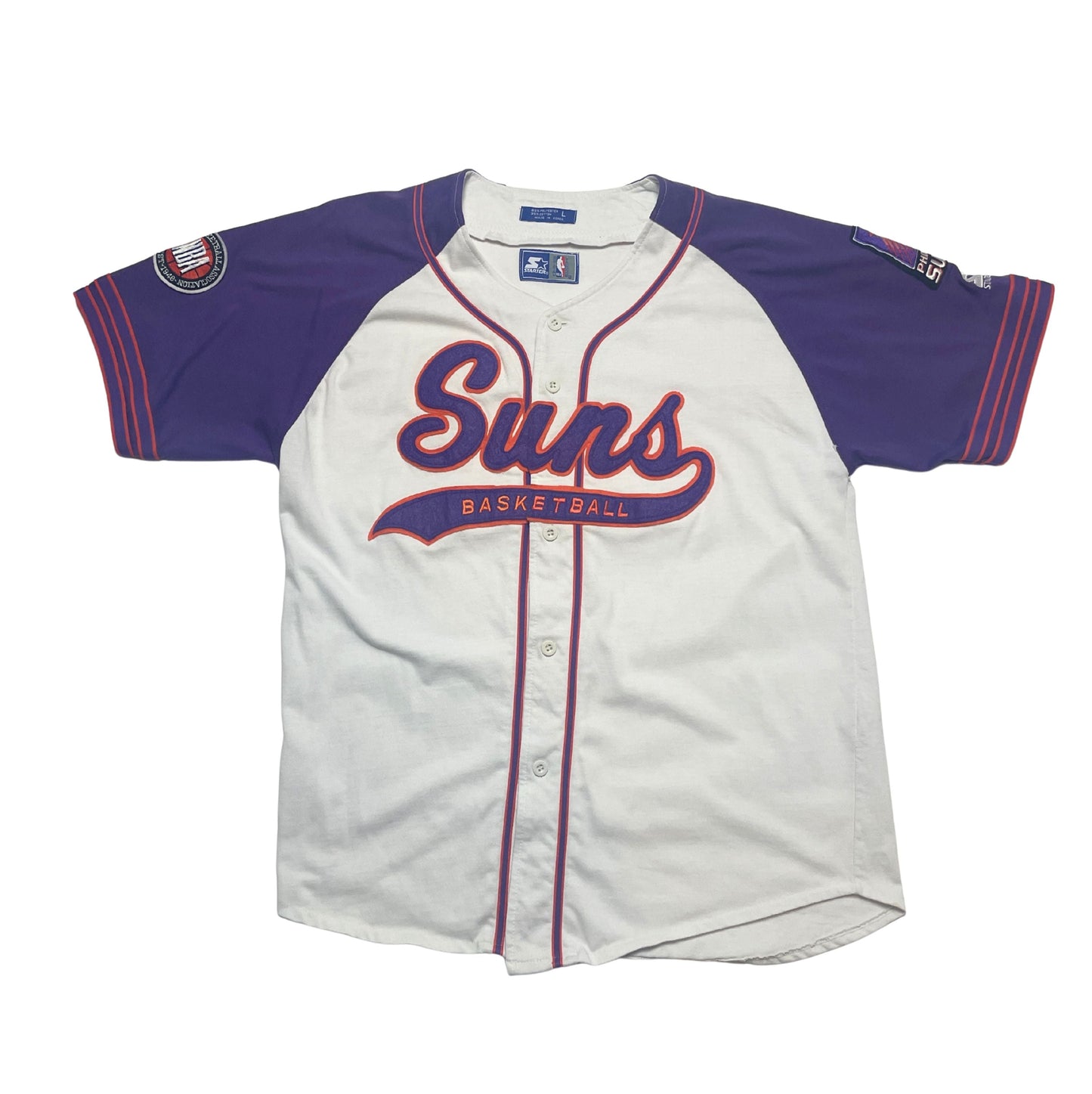 Baseball jersey with 'Suns' branding on a white background
