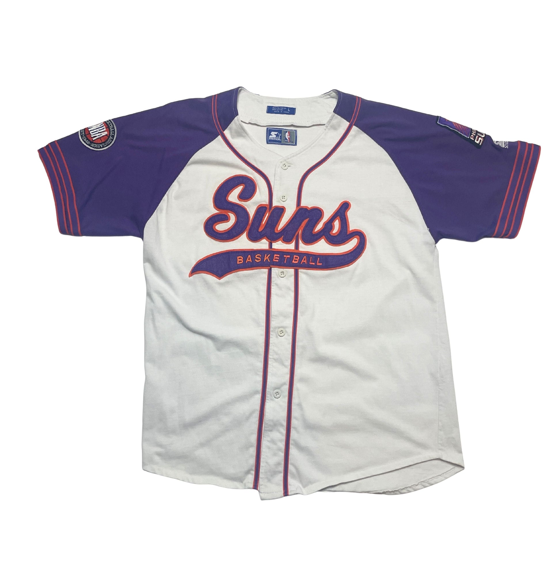 Baseball jersey with 'Suns' branding on a white background